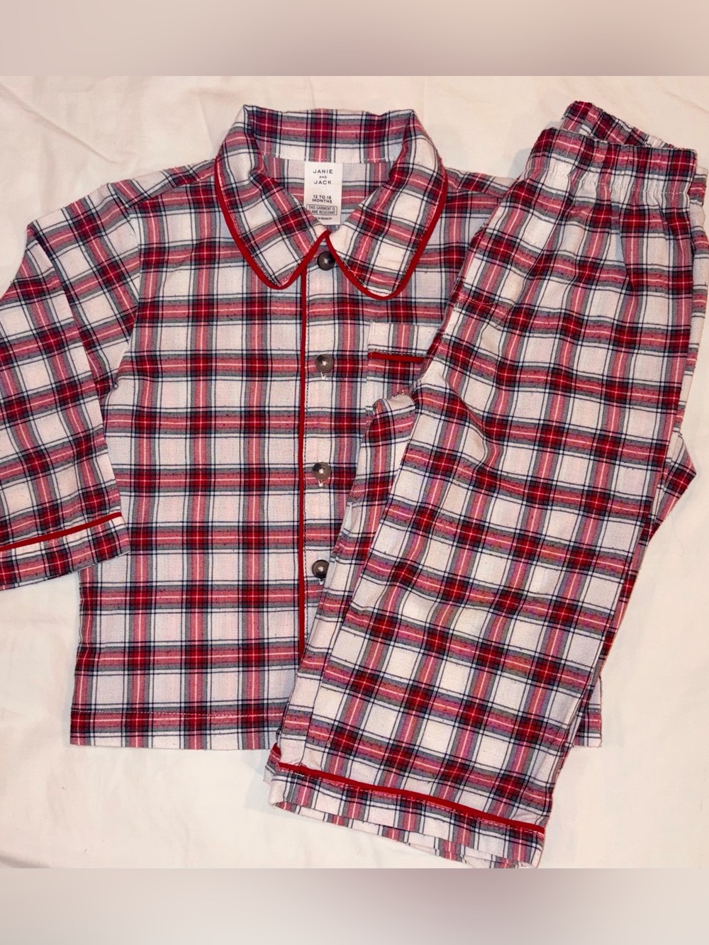 Janie and Jack plaid 2 pc pajama set sz 12-18 months EUC